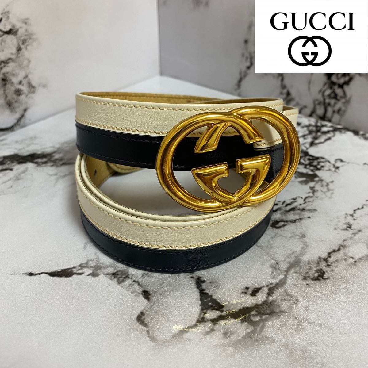 GUCCI グッチ ベルト バックル ゴールド レザー ブラック ロゴ レザー 