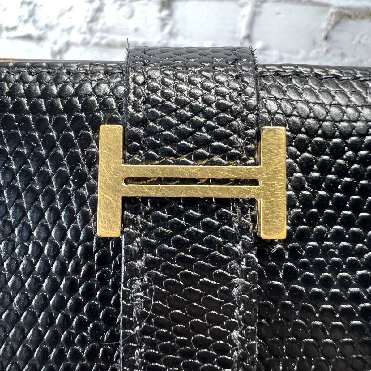 エルメス HERMES 長財布 べアン リザード ツートン ブラック イエロー