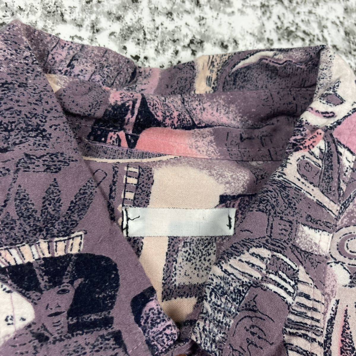 【90sオールド】エジプト　スフィンクス　総柄　長袖レーヨンシャツ　とろみ感　紫　Lサイズ ビンテージ古着　柄シャツ　L/S_画像7