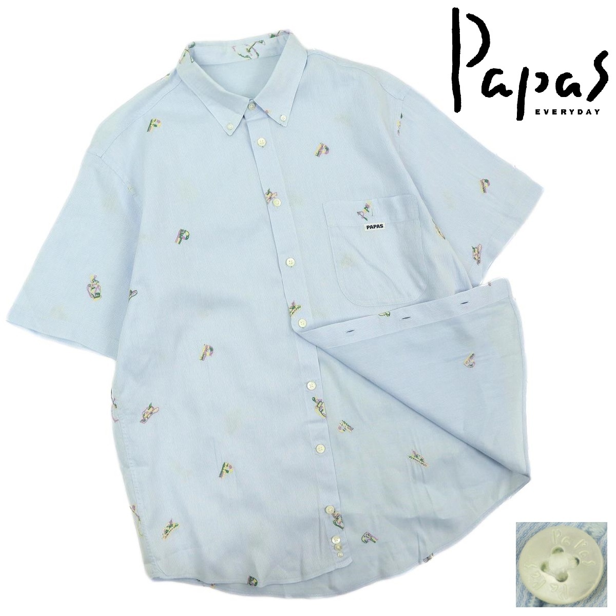 品質一番の 【B2324】【美品】Papas パパス 半袖シャツ ストライプ 刺繍 サイズM パパス