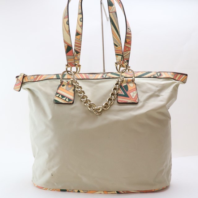 2305-49 エミリオプッチ トートバッグ EMILIO PUCCI ナイロン×レザー製 ベージュ系×マルチ チェーン裝飾 上ZIP