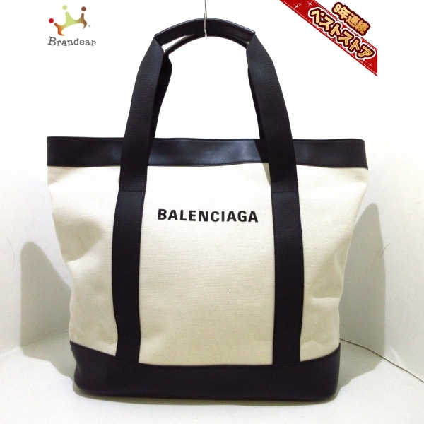 バレンシアガ BALENCIAGA トートバッグ 374767 ネイビートート キャンバス×レザー アイボリー×ベージュ×黒 美品 バッグ