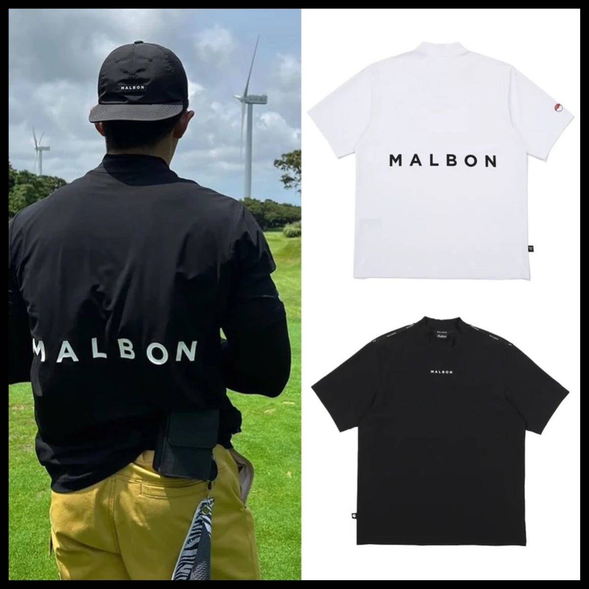 新品】Malbon Golf マルボン ゴルフ 半袖 モックネック Tシャツ カットソー ポロシャツ ユニセックス ホワイト L ゴルフウェア 