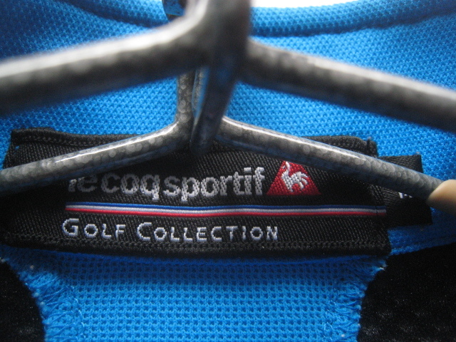 高級!!ルコックゴルフ lecoq sportif GOLF COLLECTION*ロゴ刺繍 速乾高機能素材 立ち襟ハーフジップ半袖シャツ M 青×黒 デサントの画像5