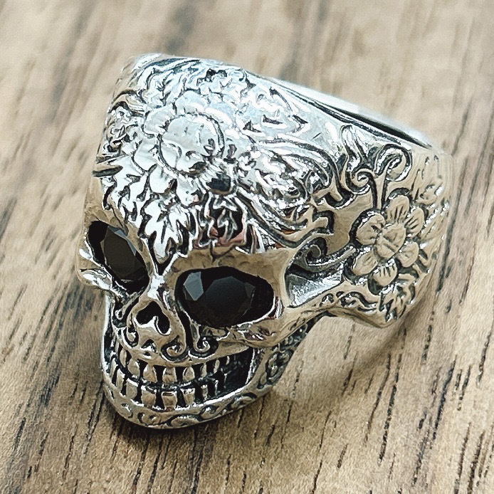 WHITESTONE スカルリング ジルコニア 人工ダイアモンド シルバー925 メンズ レディース 16号 黒 アクセサリー 指輪 Ring 純銀 Silver925