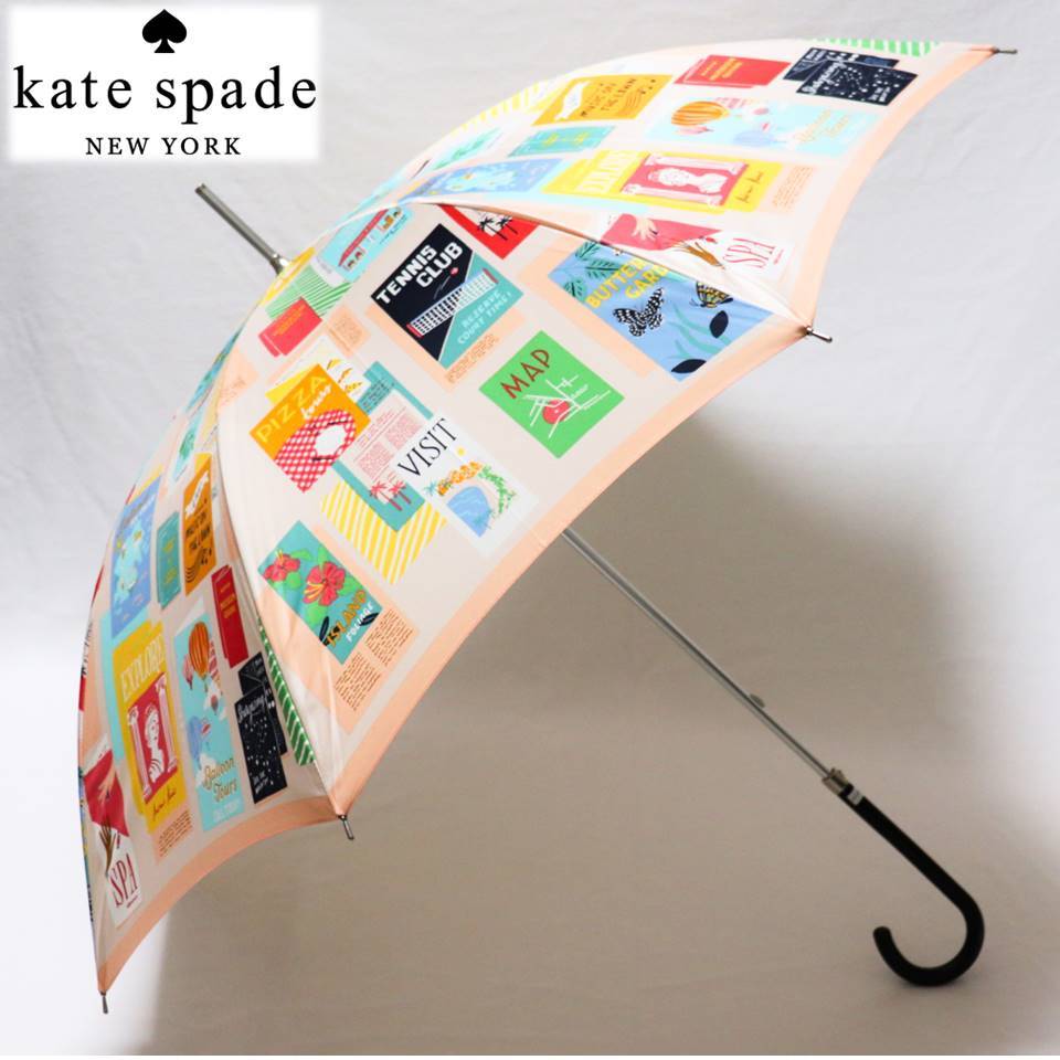 《kate spade ケイトスペード》新品 高い縫製技術 ポスター・パンフレット柄 長傘 雨傘 8本骨 A8109_画像1