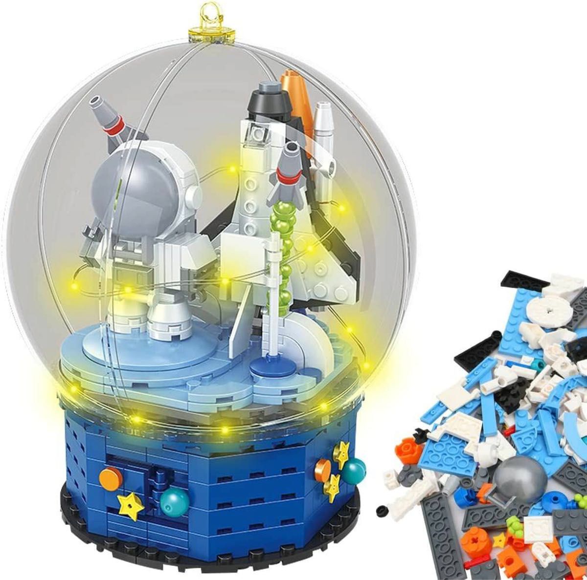 組み立ておもちゃ クリスタルボール ビルディングおもちゃ 宇宙飛行士 370pcs ミニフィグ 立体パズル 積み木 照明ライトつき