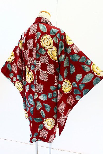 【着物フィ】美品　アンティーク　羽織 臙脂色　辻が花　絞り　大正ロマン　レトロ 　仕立て上がり　可愛い　正絹　袷　kimono　13888