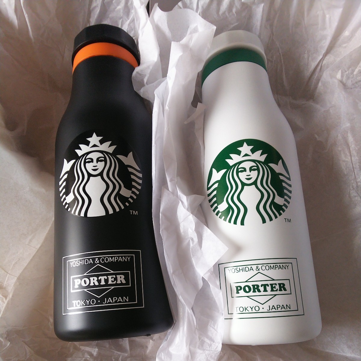 即決あり【 2本セット】 STARBUCKS × PORTER ステンレスロゴボトル 473ml ブラック ホワイト ステンレスボトル 元箱あり