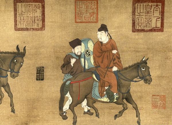 真作 中国書画「元 趙孟フ 人馬行進図手巻」肉筆絹本 掛け軸 書画立軸