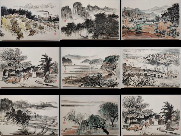 購入ショッピング 真作 中国書画「関山月 山水人物図冊頁 8開」肉筆紙