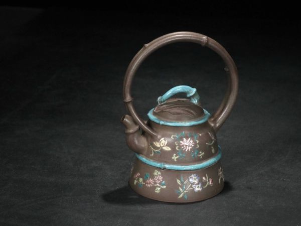 紫砂彫 竹節加彩提梁紫砂茶壺 鳳年銘 清時代」陶磁器 急須 茶道具 古賞