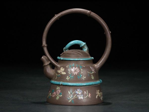 紫砂彫 竹節加彩提梁紫砂茶壺 鳳年銘 清時代」陶磁器 急須 茶道具 古賞