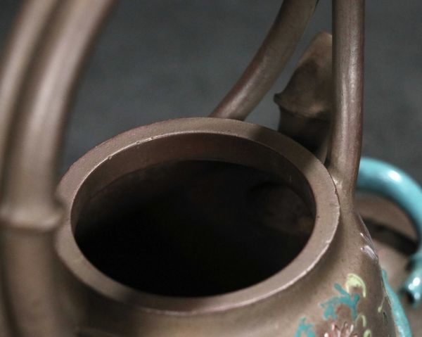 紫砂彫 竹節加彩提梁紫砂茶壺 鳳年銘 清時代」陶磁器 急須 茶道具 古賞