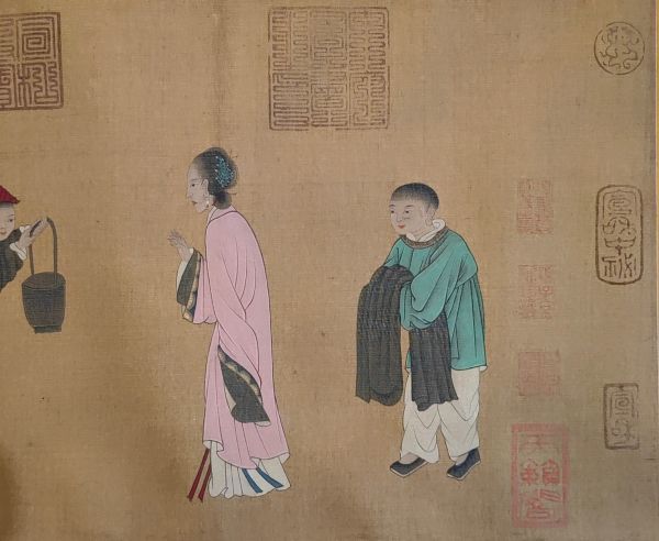 クーポン有 真作 中国書画「唐 閻立本 人物図長巻」肉筆絹本 掛け軸
