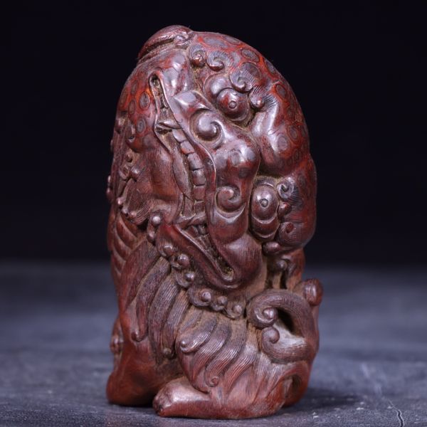 清 老竹根 彫り 瑞獅擺件一対」極細工 擺件 賞物 中国古美術 旧蔵出 