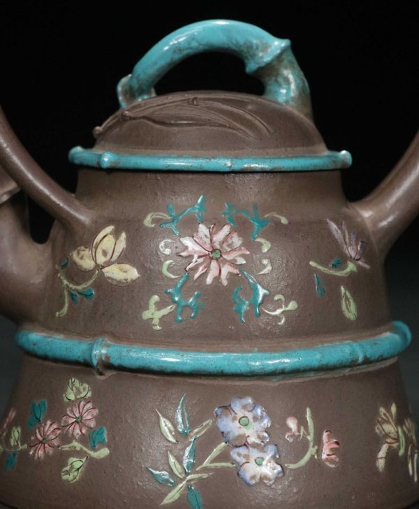 紫砂彫 竹節加彩提梁紫砂茶壺 鳳年銘 清時代」陶磁器 急須 茶道具 古賞