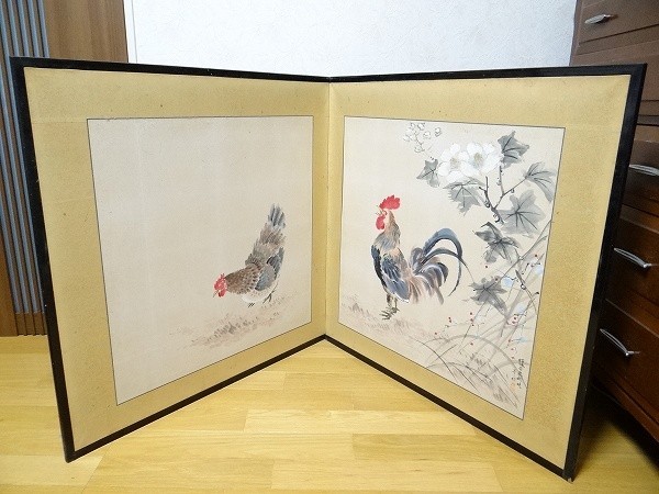  rare antique Showa era 30 -years old autumn .. butterfly chicken chicken map two sheets . small folding screen paper book@ autograph Japanese picture warehouse . antique old house Showa era that time thing 