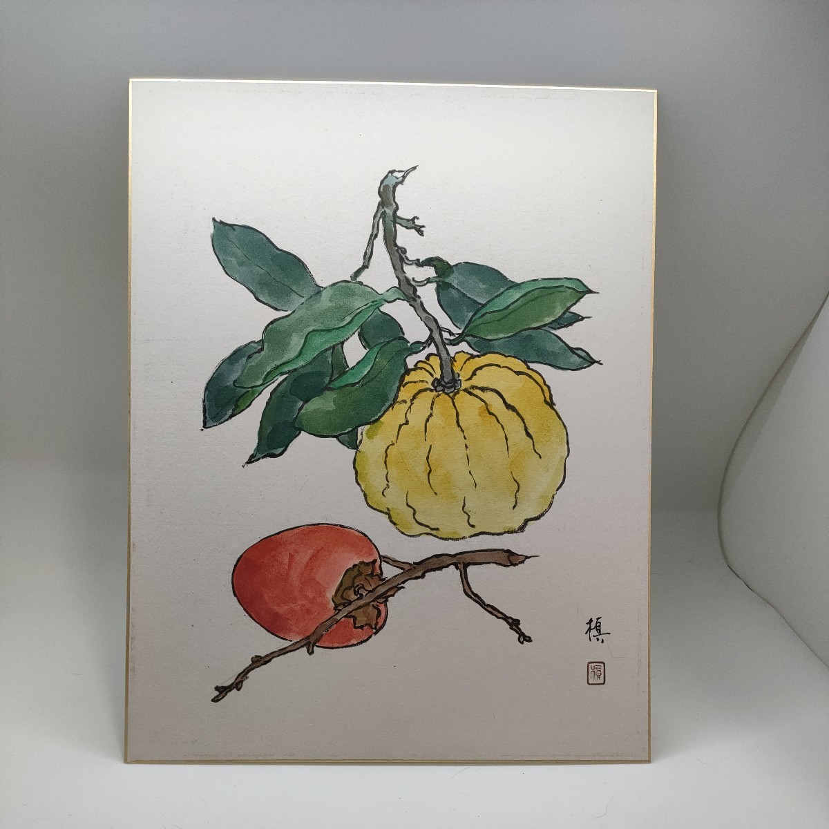かぼちゃ 柿 色紙絵 サイズ:41/32cm 槙 落款あり 日本画 の商品詳細