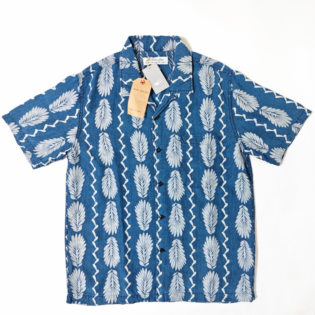 新作 BEAMS レミレリーフ 別注 コラボ オープンカラーシャツ Cut Jacquard Aloha Shirt インディゴ アロハ REMI RELIEF rrl 正規品 Lサイズ
