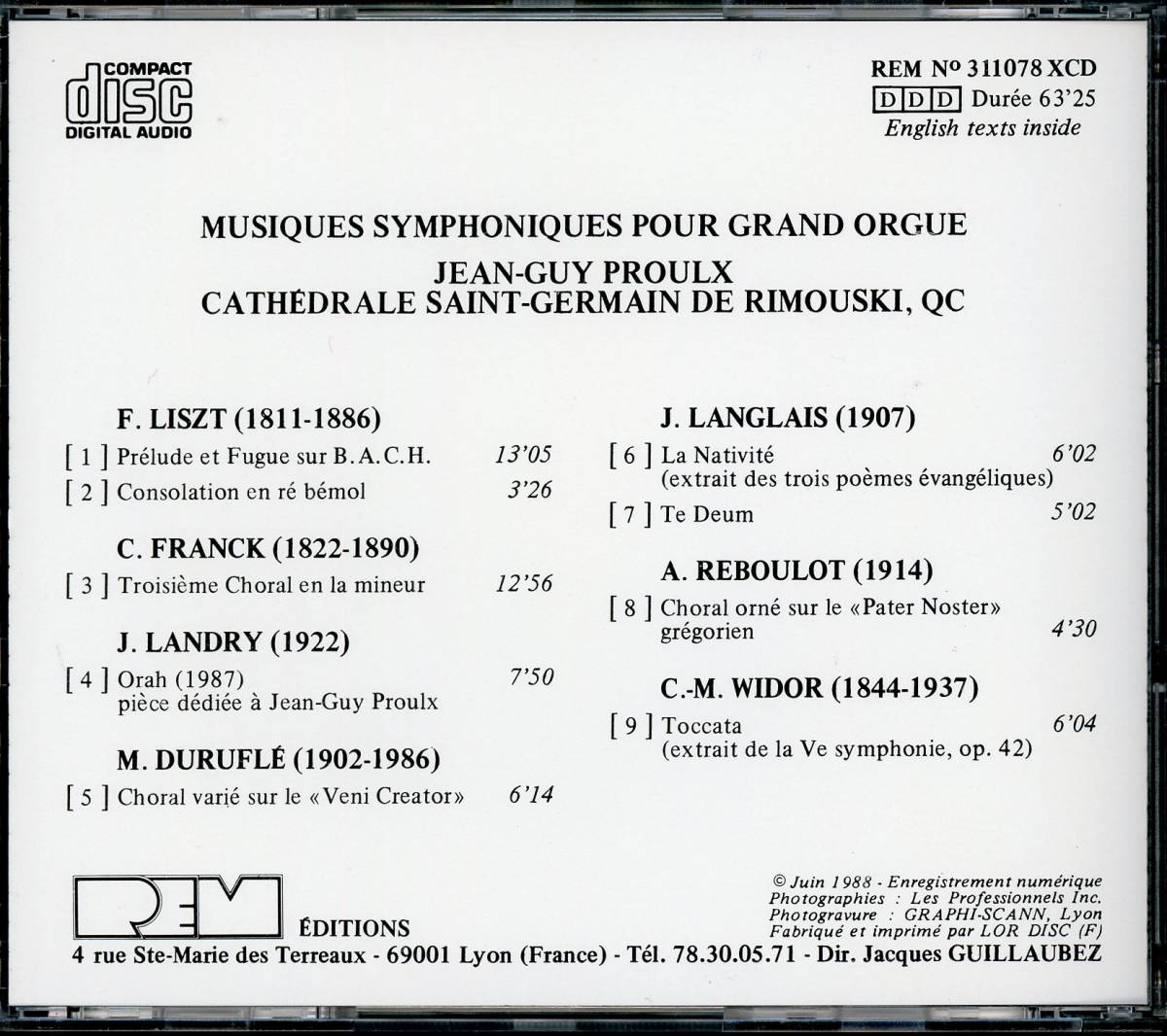 仏盤 Jean-Guy Proulx / Musiques symphoniques pour grand orgue_画像2