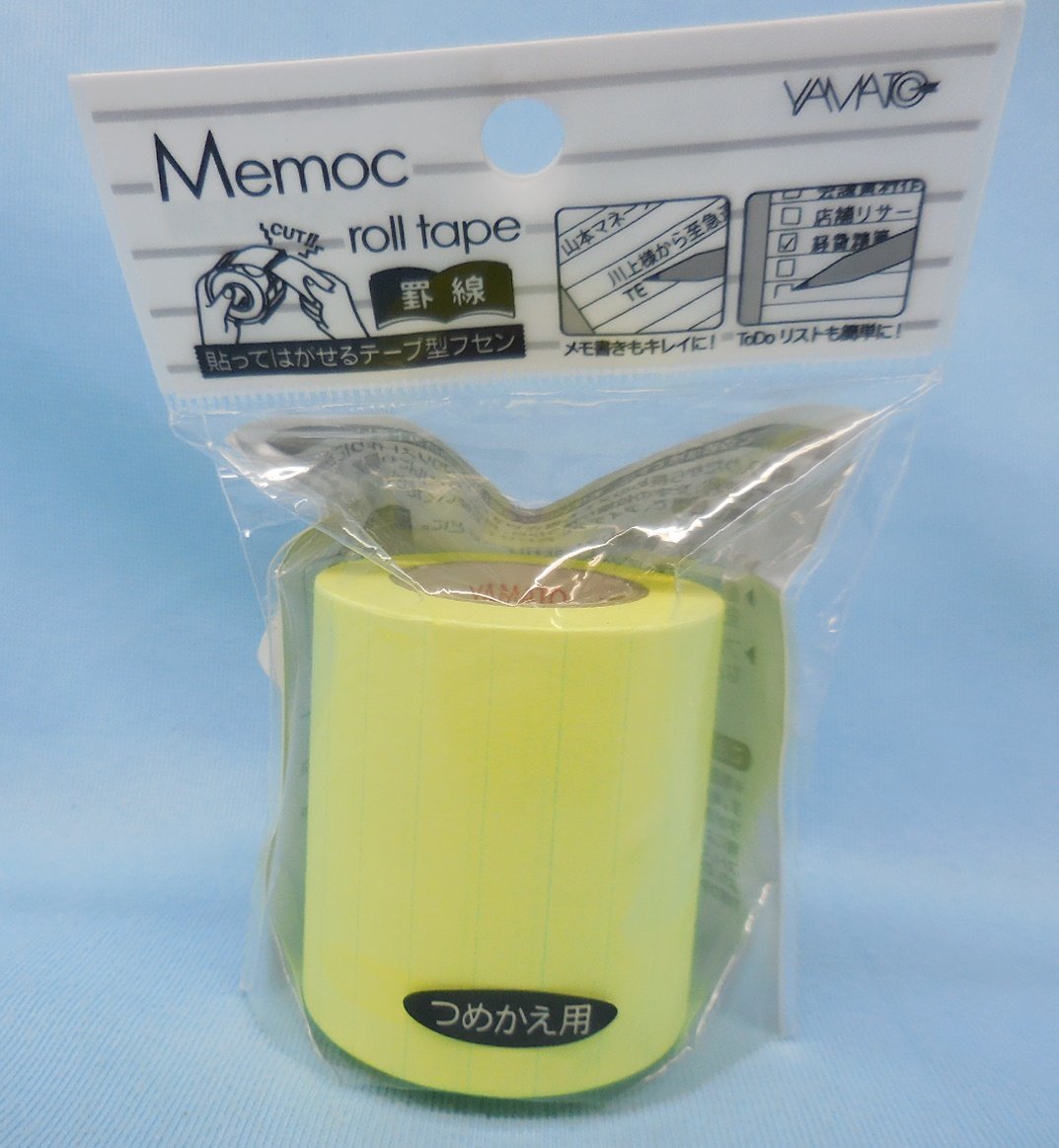 メモックロールテープ テープ型付箋 罫線タイプ(10個)＆方眼タイプ(1個) 2種セット 50mmX10m カッター付 蛍光紙 レモン つめかえ付きの画像5