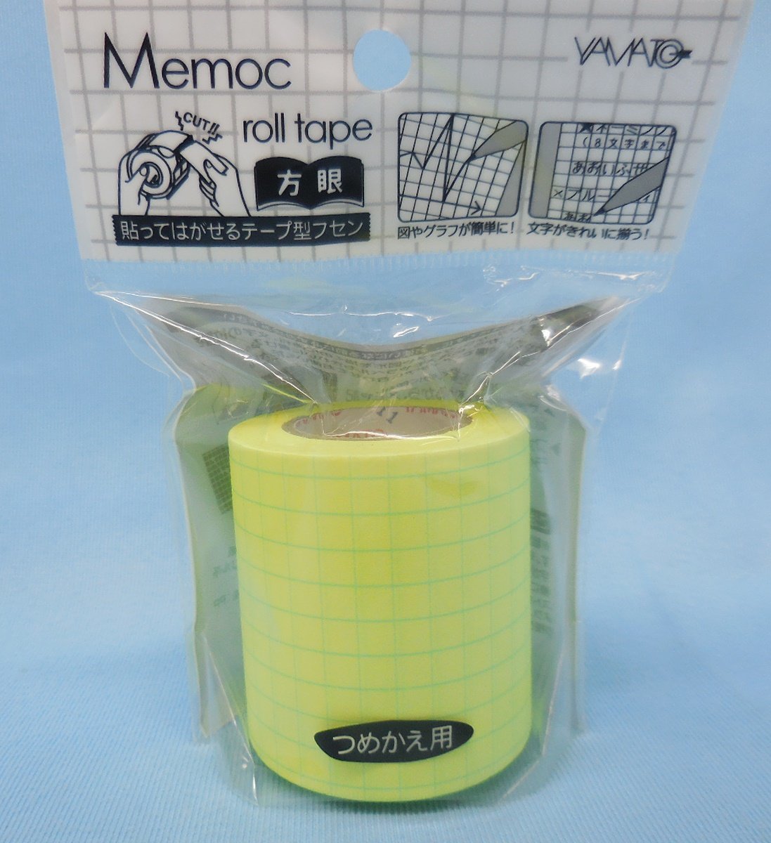 メモックロールテープ テープ型付箋 罫線タイプ(10個)＆方眼タイプ(1個) 2種セット 50mmX10m カッター付 蛍光紙 レモン つめかえ付きの画像9