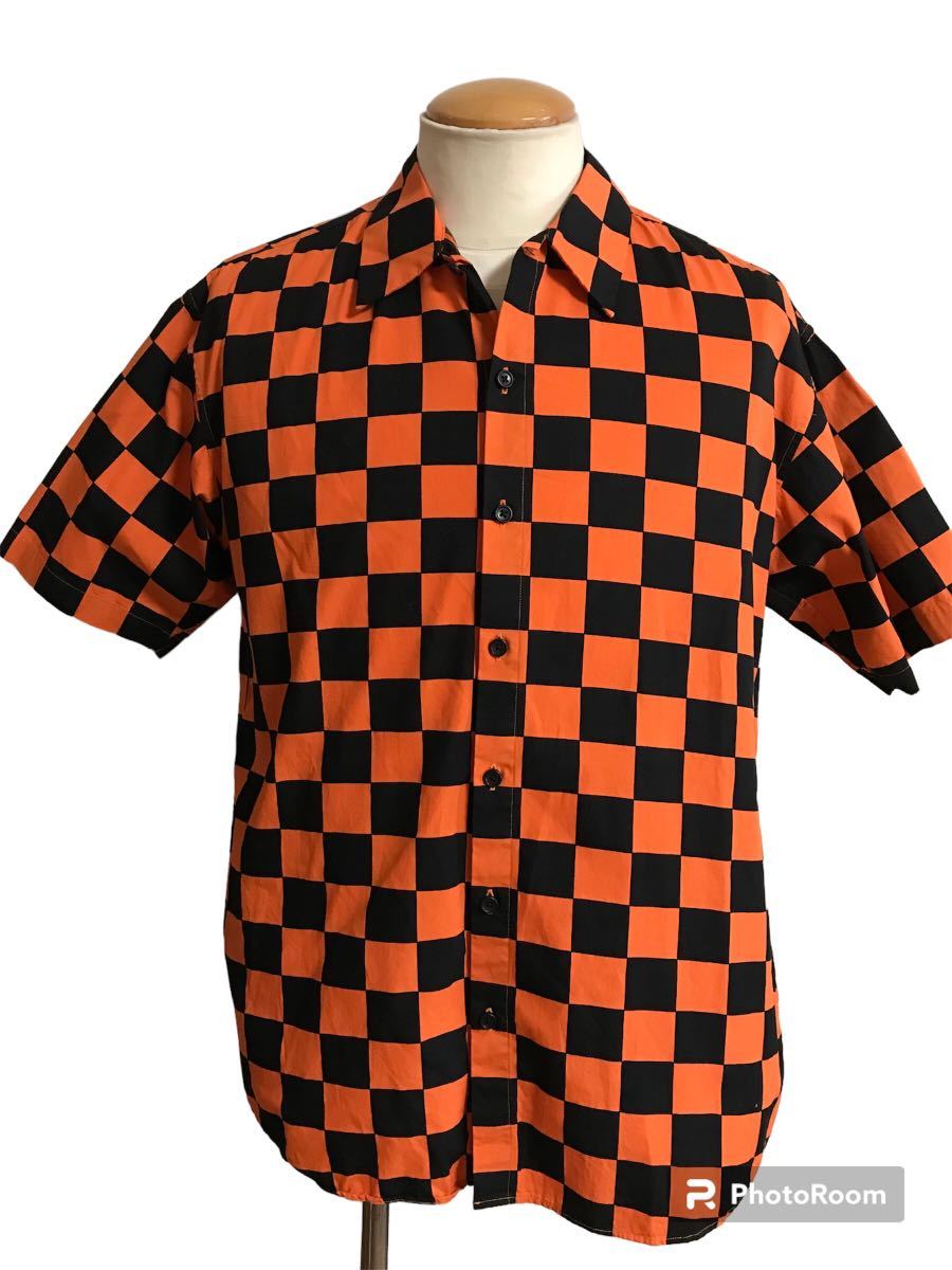  beautiful goods BEAMS Beams checker shirt short sleeves men's M orange × black Vintage xpv