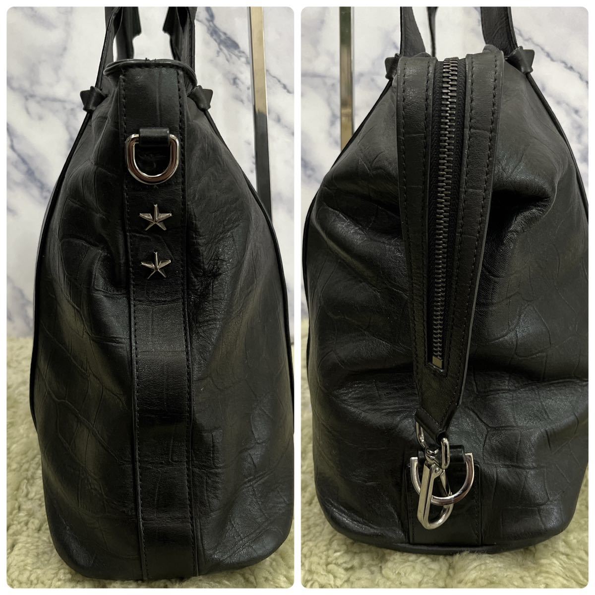 送料無料 良品 JIMMY CHOO ジミーチュウ SAVILLE トートバッグ ビジネスバッグ クロコ型押し レザー ブラック 黒 星 肩掛け