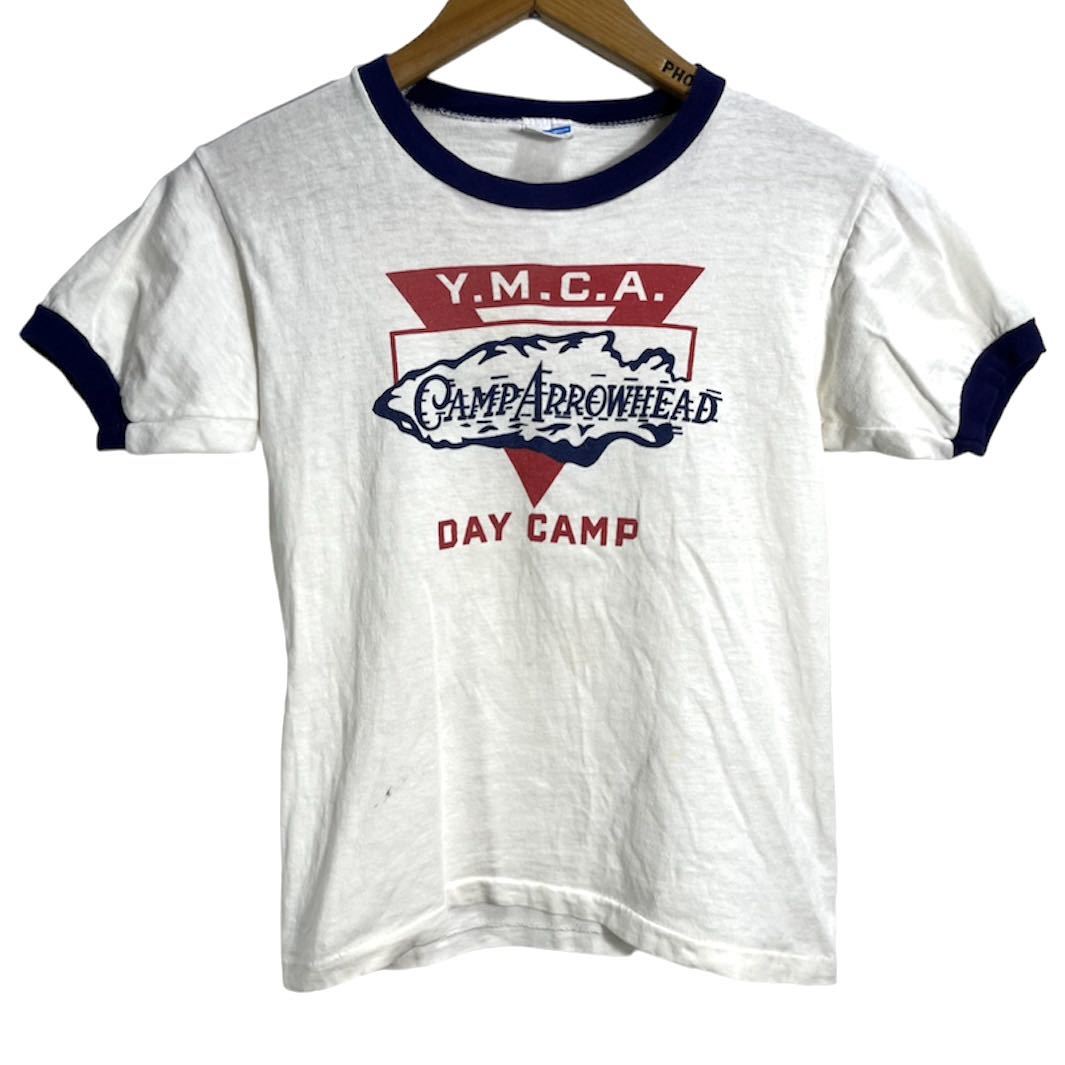 ■ 子供用 70s 70年代 USA製 ビンテージ Champion チャンピオン Camp Arrowhead プリント 半袖 リンガー Tシャツ サイズ12 白 アメカジ ■_画像1