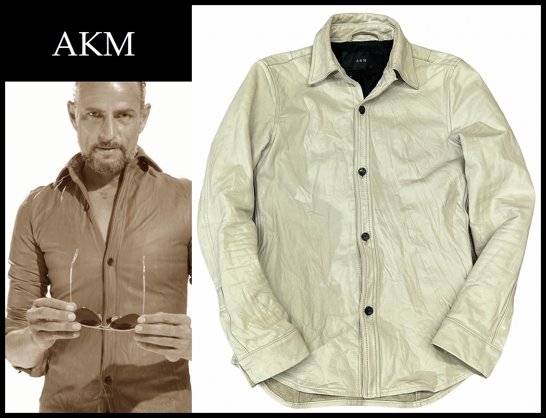 送無 定価189,000 AKM エイケイエム S090 wrinkle leather shirt シワ エイジング 加工 ウォッシャブル ウィンクル カーフ レザー シャツ M_画像1