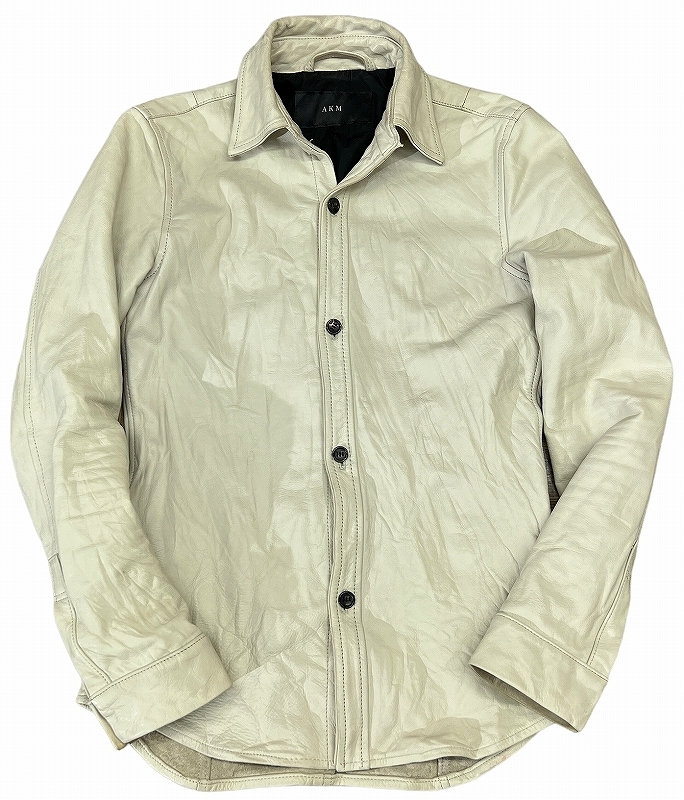 送無 定価189,000 AKM エイケイエム S090 wrinkle leather shirt シワ エイジング 加工 ウォッシャブル ウィンクル カーフ レザー シャツ M_画像3