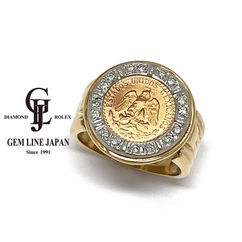 独特の上品 K18/Pt900 2ペソ金貨 1945 メキシコ K21.6 ダイヤ リング メンズ 0.20ct ゴールド