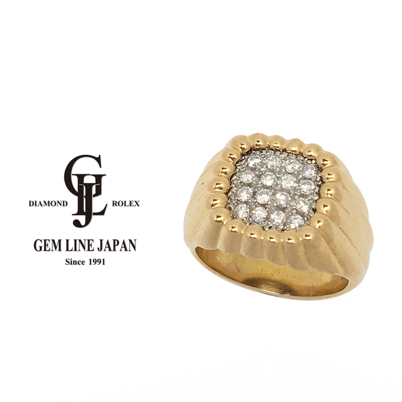 結婚祝い パヴェ K18/Pt900 ダイヤモンド リング 印台 メンズ 0.35ct
