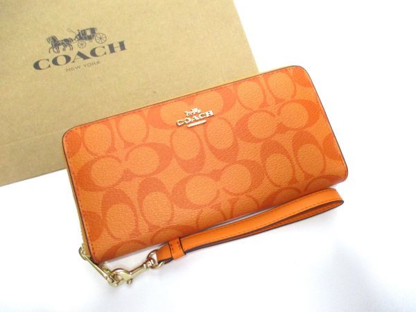 COACH 長財布 新品 同様 未使用 正規品 [266] ジッピーウォレット メンズ レディース C4452 ストラップ オレンジ シグネチャー_画像1