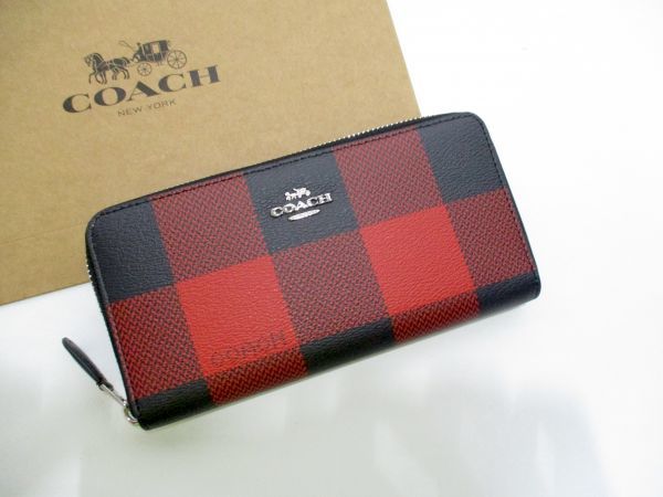 COACH 長財布 新品 同様 未使用 正規品 [165] ジッピーウォレット メンズ レディース C2135 チェック プラッド レッド ブラック_画像1