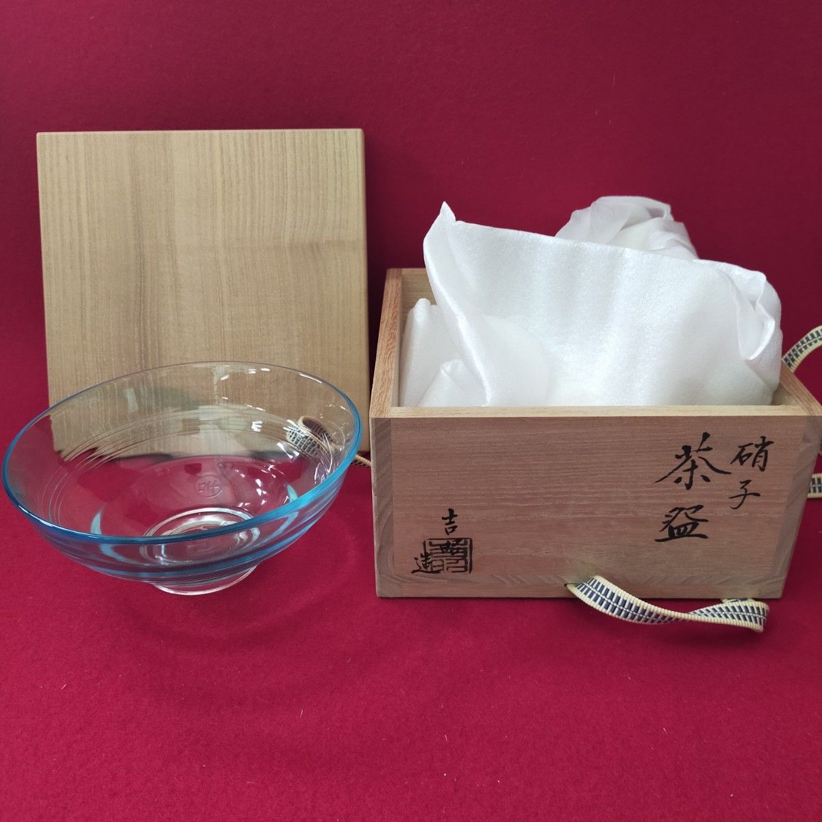 硝子茶碗　関吉昭作　茶道　平茶碗　青色　耐熱処理ガラス【中古美品】