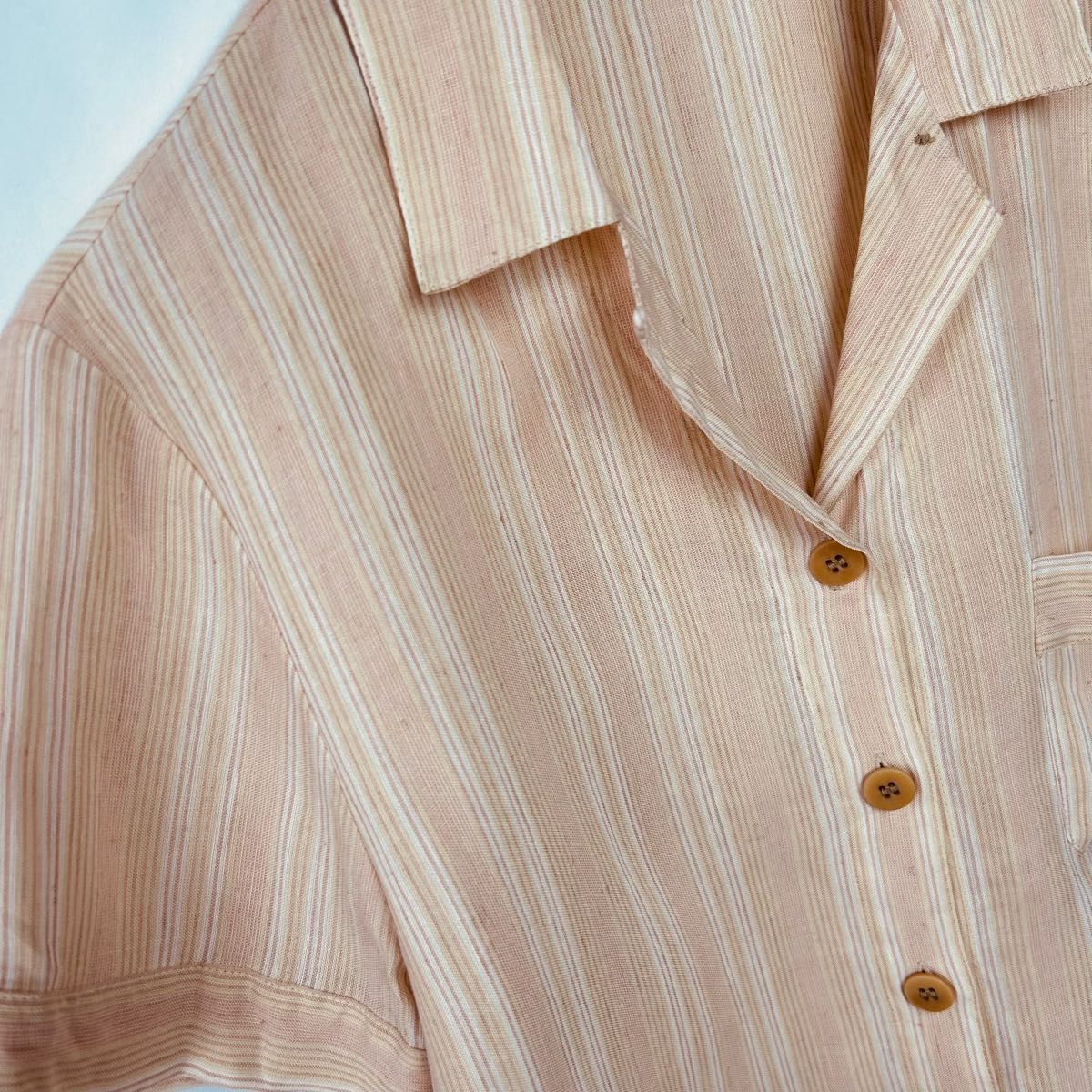 Calvin Klein カルバンクライン クロップド丈 半袖オープンカラーシャツ　ストライプ　レーヨン×リネン　アースカラー