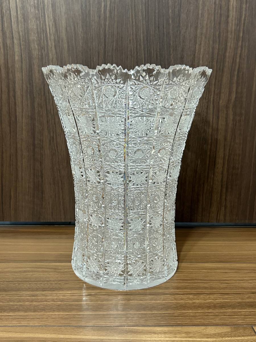 ボヘミア クリスタル カット ガラス 花瓶 高さ25.5cm / インテリア 西洋 アンティーク オブジェ 美術品 置物 高級 花器 花生 花入