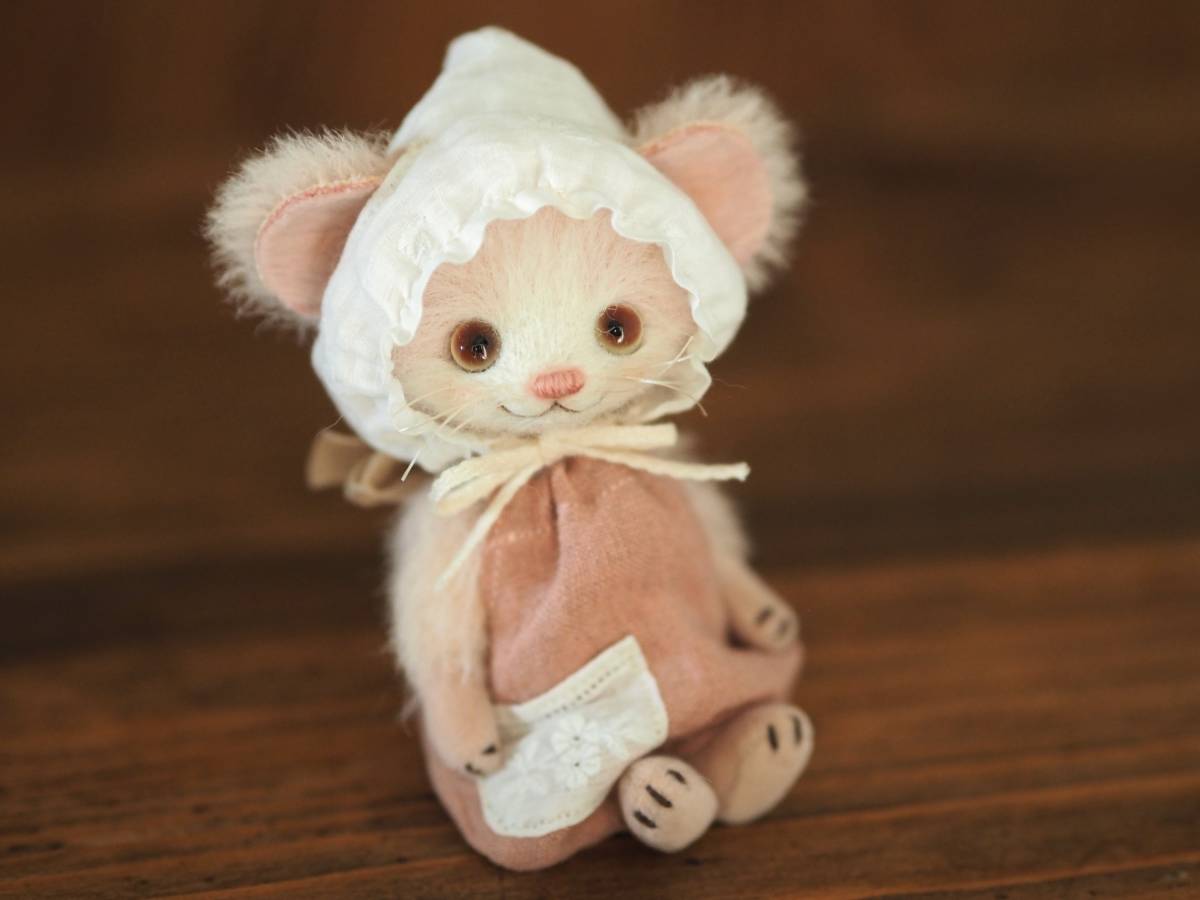 ☆creamy☆ ハンドメイド ピンクのネズミさん 羊毛フェルト ぬいぐるみ 
