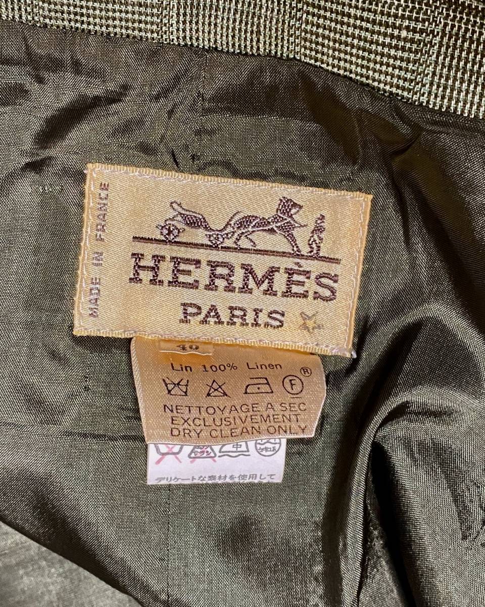 s34/Hermes 40 麻リネン100％グリーン系スカート_画像4