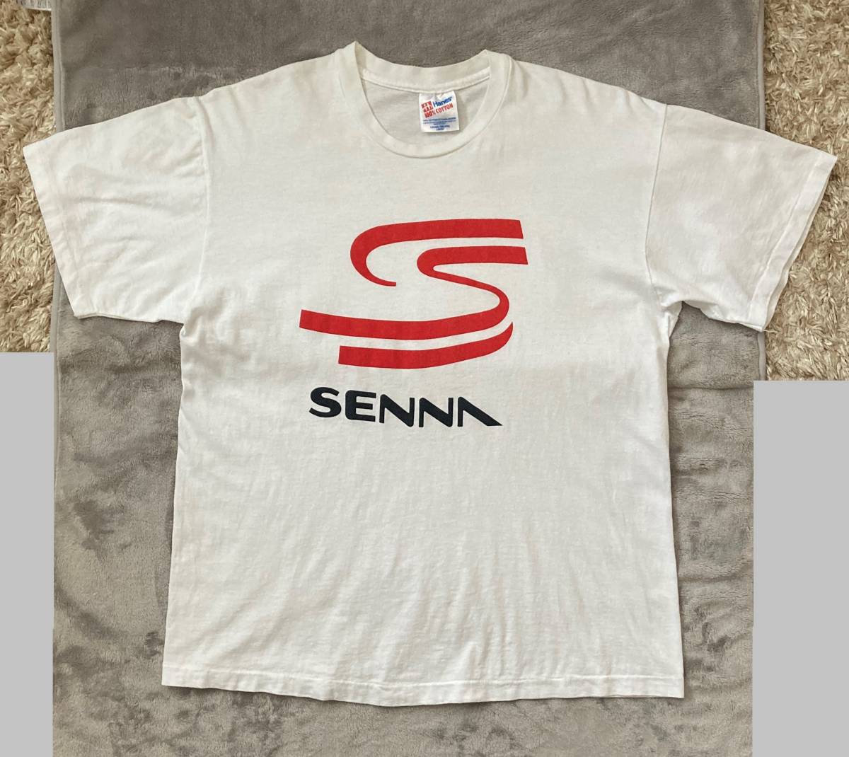 ◎ Ayrton Senna アイルトン セナ 半袖 Tシャツ ロゴT 白 当時物 サイズ L Hanes ヘインズ MADE IN U.S.A 音速の貴公子 HONDA F1 ☆_画像2
