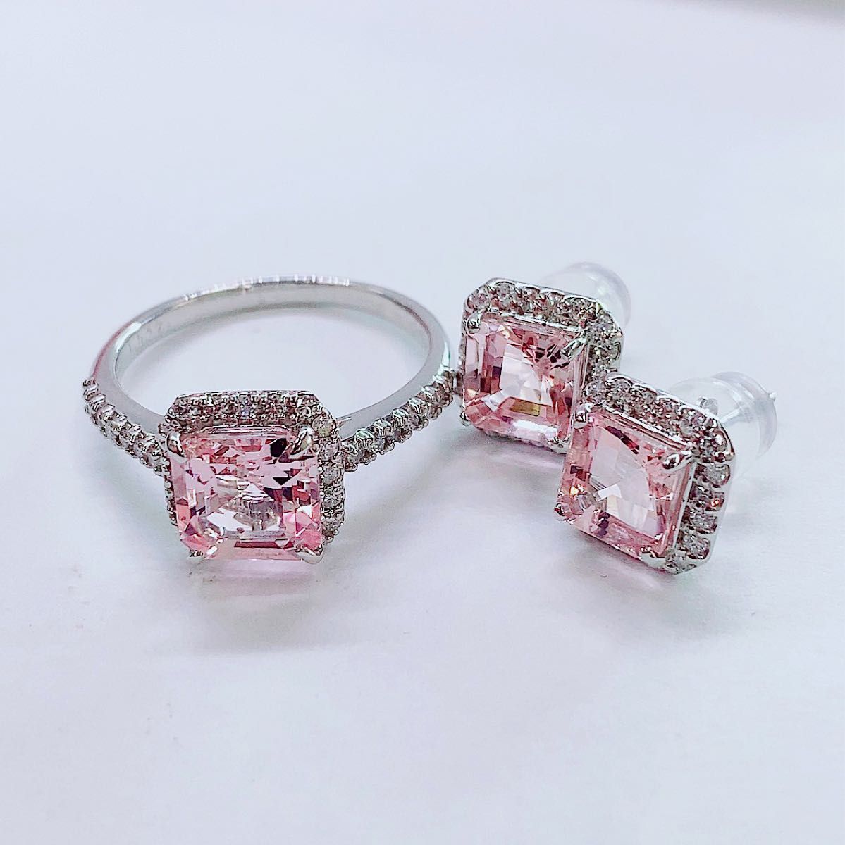 ☆2点セット☆3.8ctモルガナイト0.6ctダイヤモンドピアスリング指輪