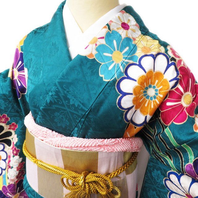 振袖 着物 中古 リサイクル 正絹 金駒刺繍 花模様 桜 菊 波 地模様