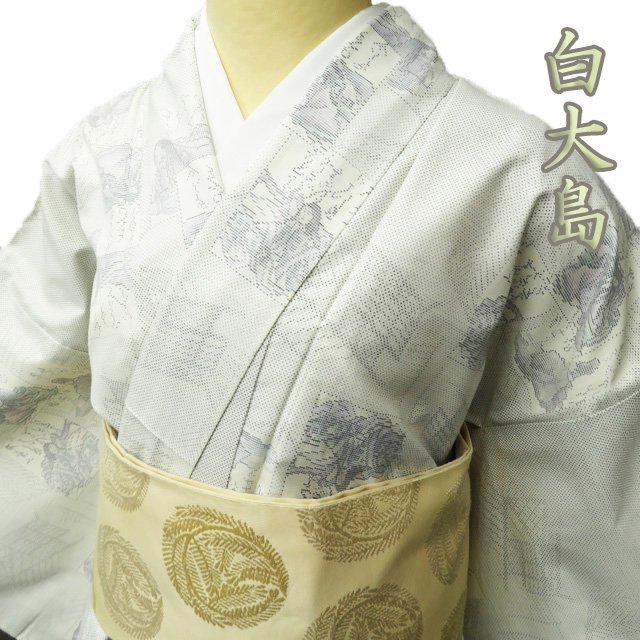 大島紬 白大島 着物 正絹 袷 花模様 身丈161cm M A877-1-