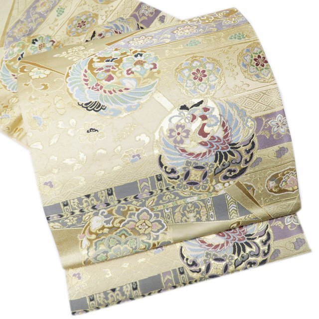 袋帯 中古 リサイクル 正絹 フォーマル 仕立て上がり 六通 華文 花鳥模様 練色 多色 金 きもの北條 A886-16