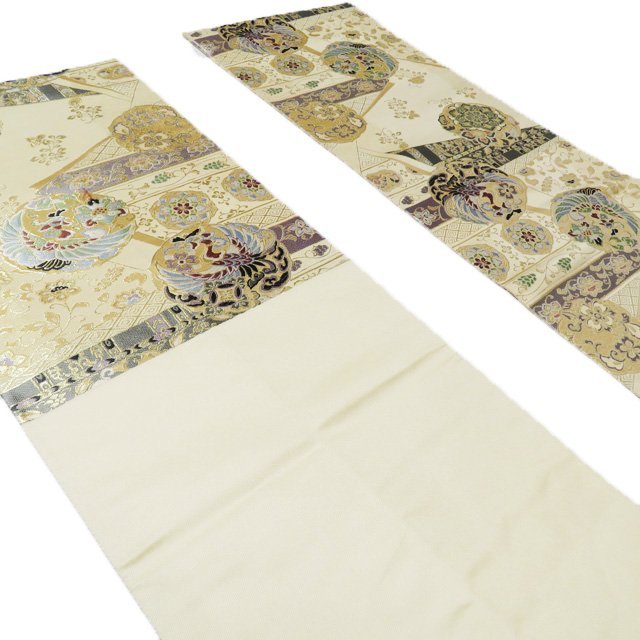 袋帯中古リサイクル正絹フォーマル仕立て上がり六通華文花鳥模様練色多
