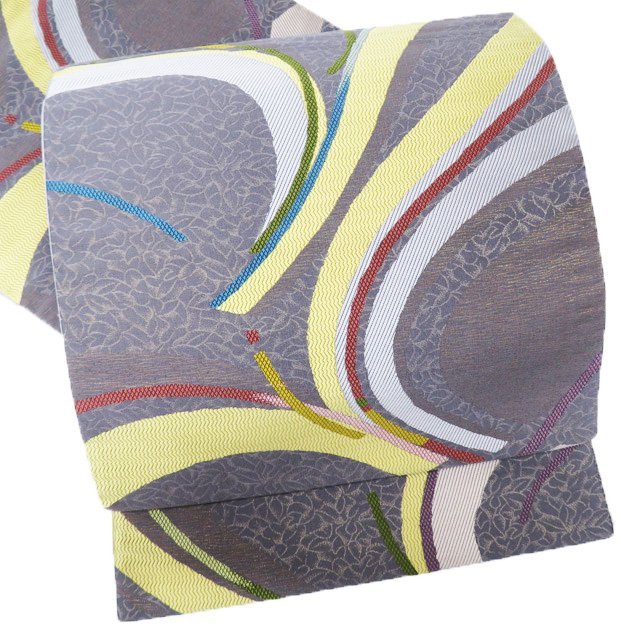 袋帯 中古 リサイクル 正絹 カジュアル 仕立て上がり 六通 抽象模様 紫鼠色 多色 きもの北條 A885-11