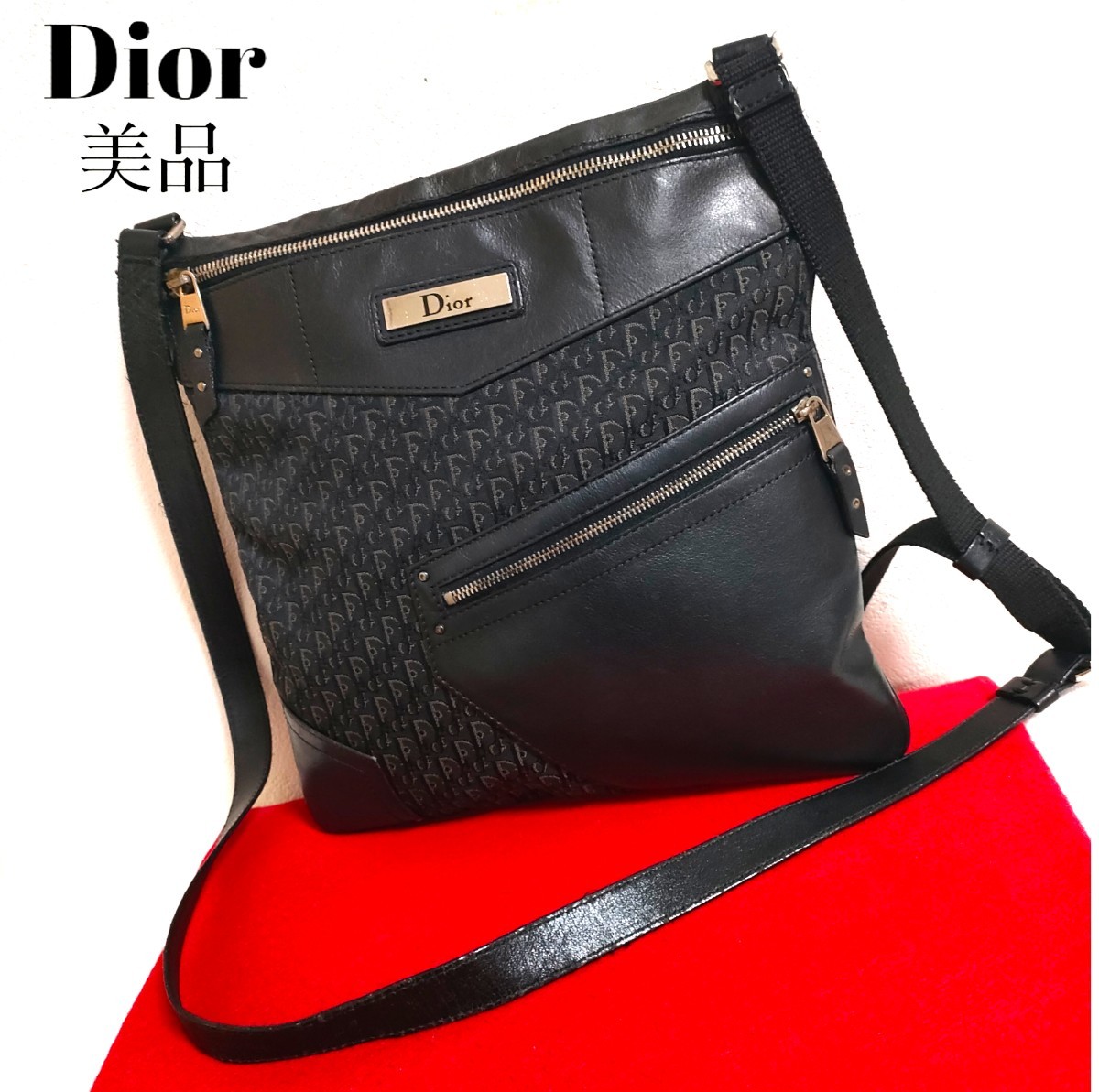 極美品 トロッター Dior ショルダーバッグ レザー キャンバス ブラック 