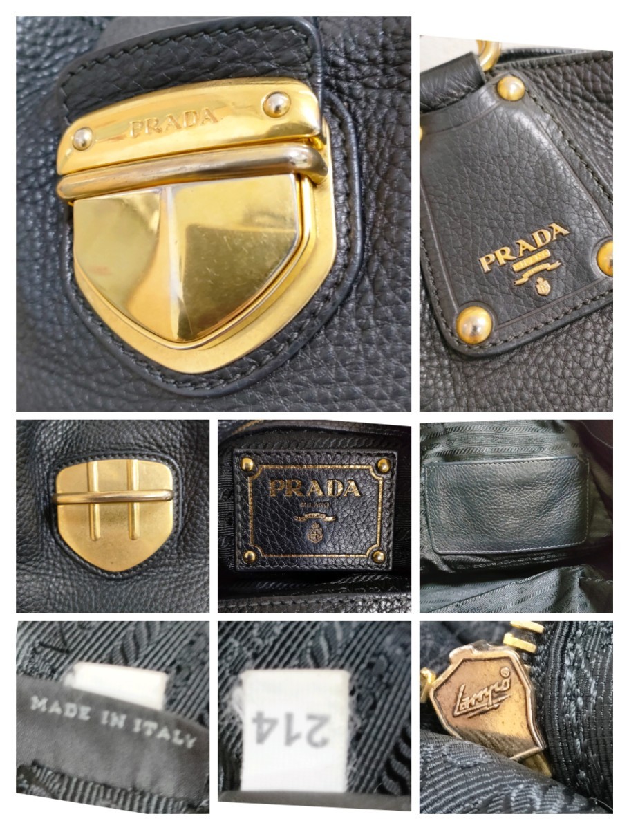 極美品 PRADA フラップ シボ革 ゴールド トートバッグ レザー ブラック